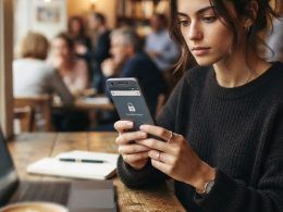 Mujer consultando un teléfono inteligente con icono de candado de seguridad en una cafetería junto a un ordenador portátil.