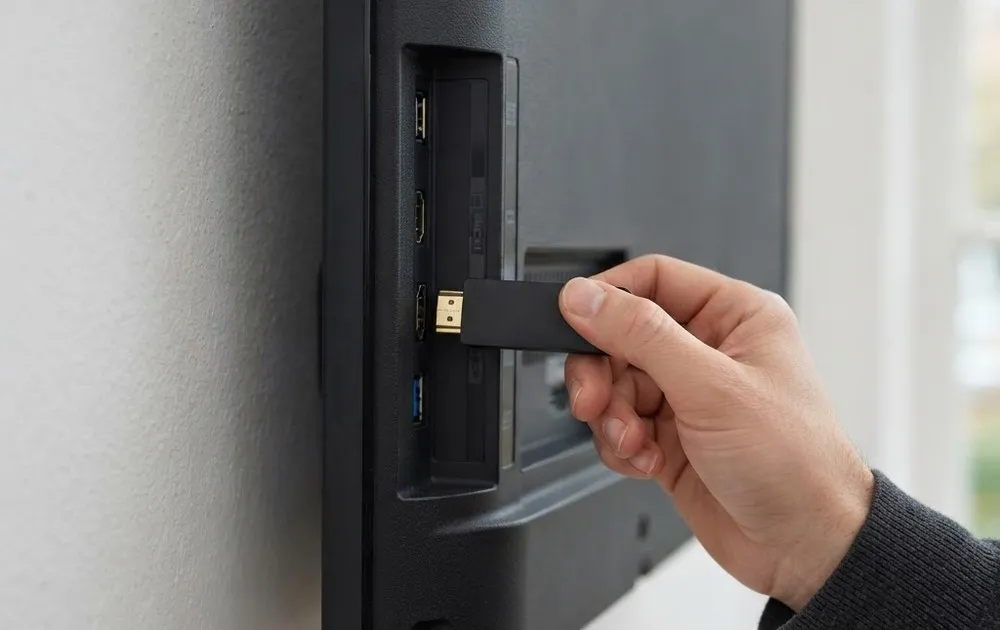 Mano conectando un Fire TV Stick en el puerto HDMI lateral de un televisor.