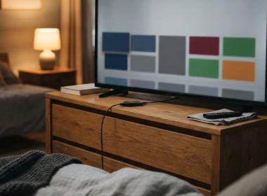 Televisor inteligente sobre un mueble de madera en un dormitorio con la interfaz de aplicaciones en pantalla.