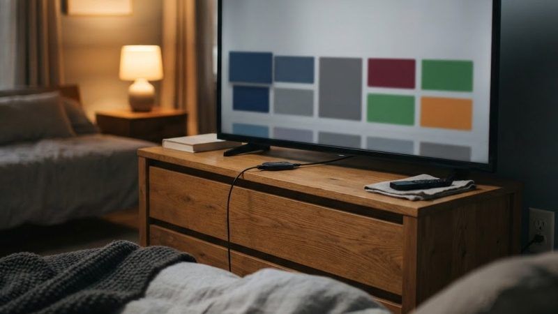 Televisor inteligente sobre un mueble de madera en un dormitorio con la interfaz de aplicaciones en pantalla.