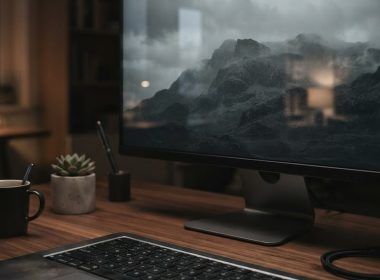 Monitor de ordenador en un escritorio de madera mostrando un paisaje de montaña en escala de grises.