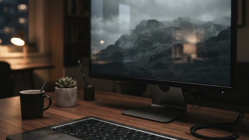 Monitor de ordenador en un escritorio de madera mostrando un paisaje de montaña en escala de grises.