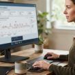 Mujer analizando un panel de diagnóstico con gráficas de rendimiento en un monitor de escritorio Lenovo.