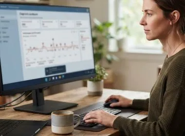 Mujer analizando un panel de diagnóstico con gráficas de rendimiento en un monitor de escritorio Lenovo.