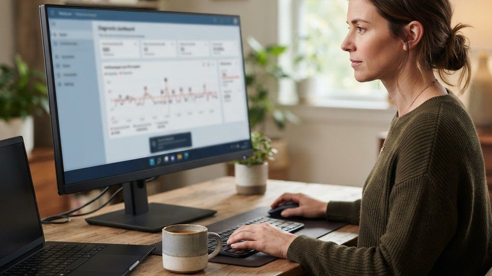 Mujer analizando un panel de diagnóstico con gráficas de rendimiento en un monitor de escritorio Lenovo.
