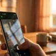 Primer plano de un teléfono móvil mostrando un punto verde de privacidad en la esquina superior izquierda de la pantalla.