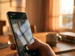 Primer plano de un teléfono móvil mostrando un punto verde de privacidad en la esquina superior izquierda de la pantalla.
