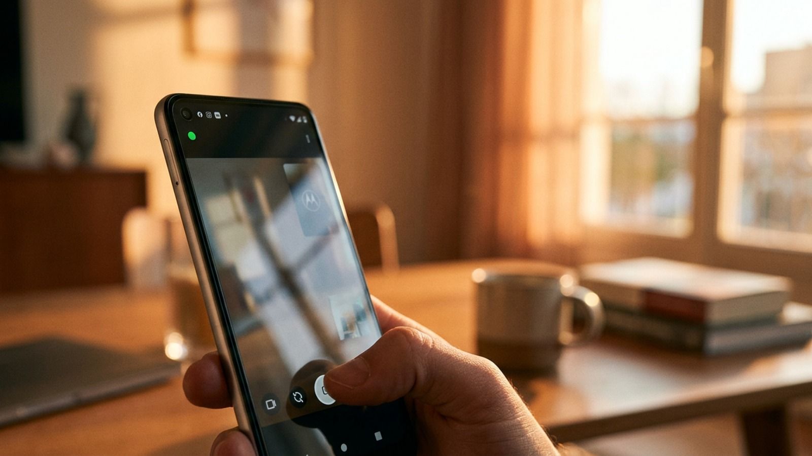 Primer plano de un teléfono móvil mostrando un punto verde de privacidad en la esquina superior izquierda de la pantalla.
