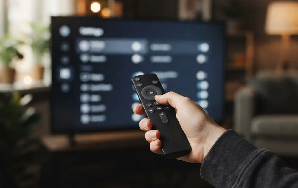 Primer plano de una mano sosteniendo un mando a distancia frente a una Smart TV con el menú de ajustes abierto.