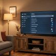 Televisor inteligente Lenovo mostrando el menú de ajustes en un salón con luz cálida.
