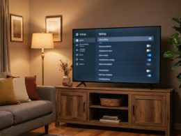 Televisor inteligente Lenovo mostrando el menú de ajustes en un salón con luz cálida.