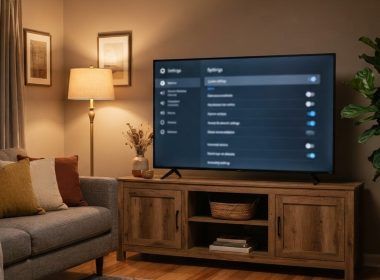 Televisor inteligente Lenovo mostrando el menú de ajustes en un salón con luz cálida.