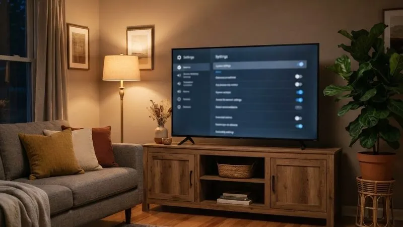 Televisor inteligente Lenovo mostrando el menú de ajustes en un salón con luz cálida.