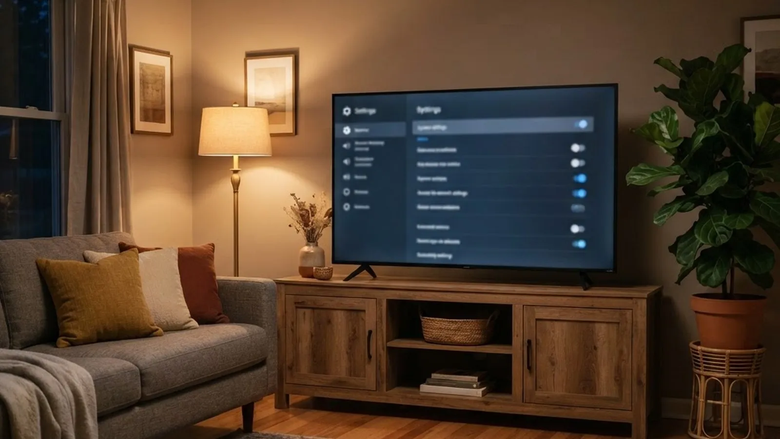 Televisor inteligente Lenovo mostrando el menú de ajustes en un salón con luz cálida.