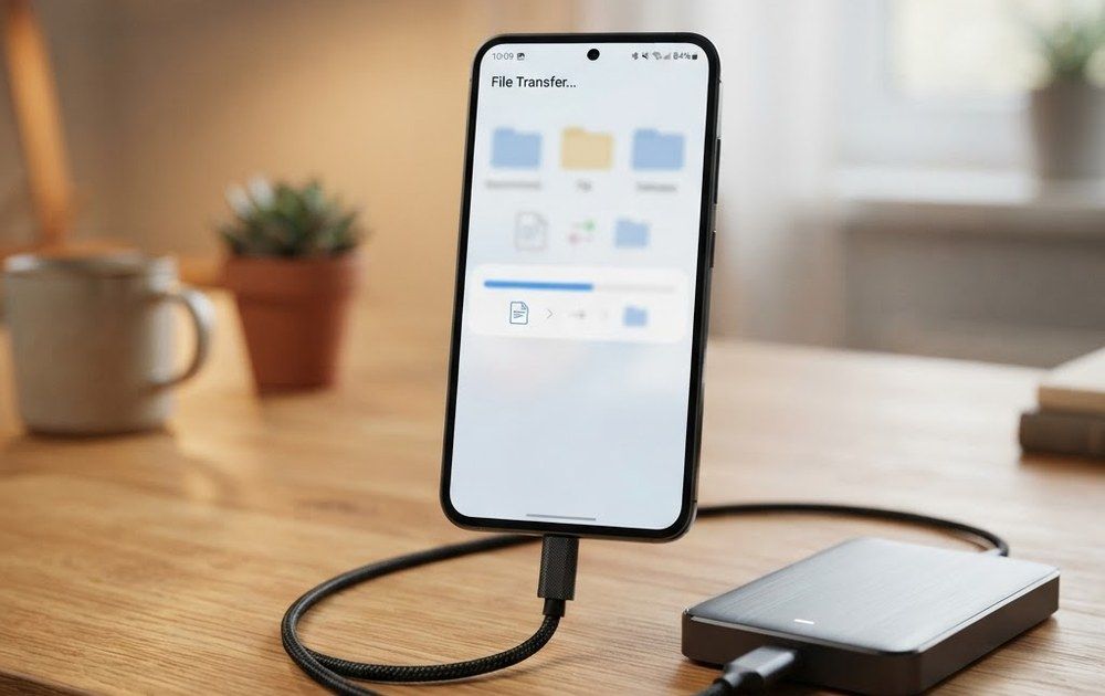 Teléfono inteligente conectado por cable a una unidad de almacenamiento externa en un escritorio de madera.