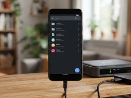 Teléfono inteligente conectado por cable junto a un servidor y un disco duro externo en un escritorio.