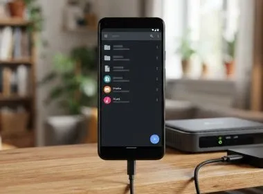 Teléfono inteligente conectado por cable junto a un servidor y un disco duro externo en un escritorio.