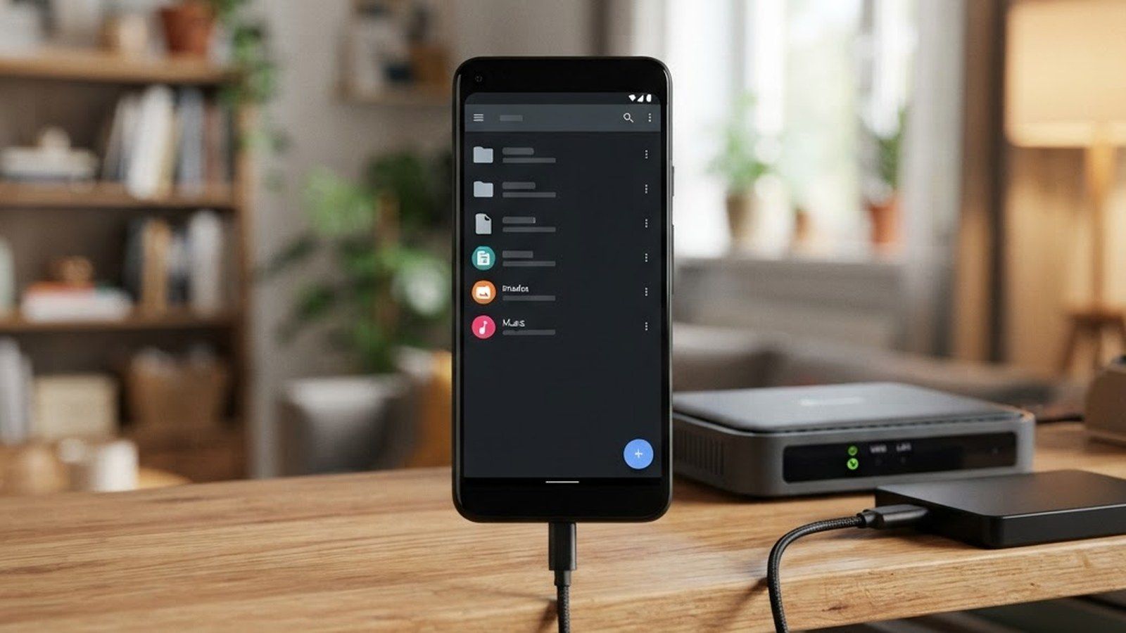 Teléfono inteligente conectado por cable junto a un servidor y un disco duro externo en un escritorio.