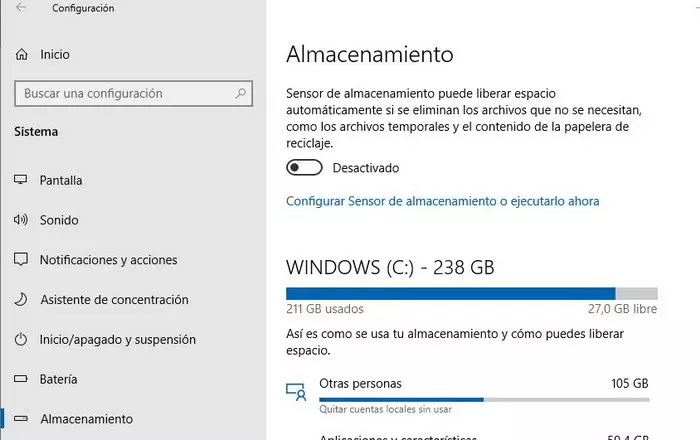Sensor de almacenamiento de Windows 10