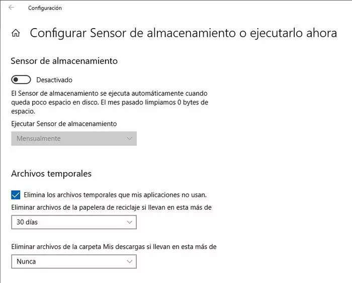 Sensor de almacenamiento de Windows 10